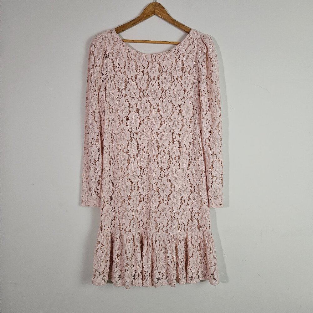 Calvin Klein Dress 14 Pink Floral Lace Flounce Hem Drop Waist Feminine Romantic